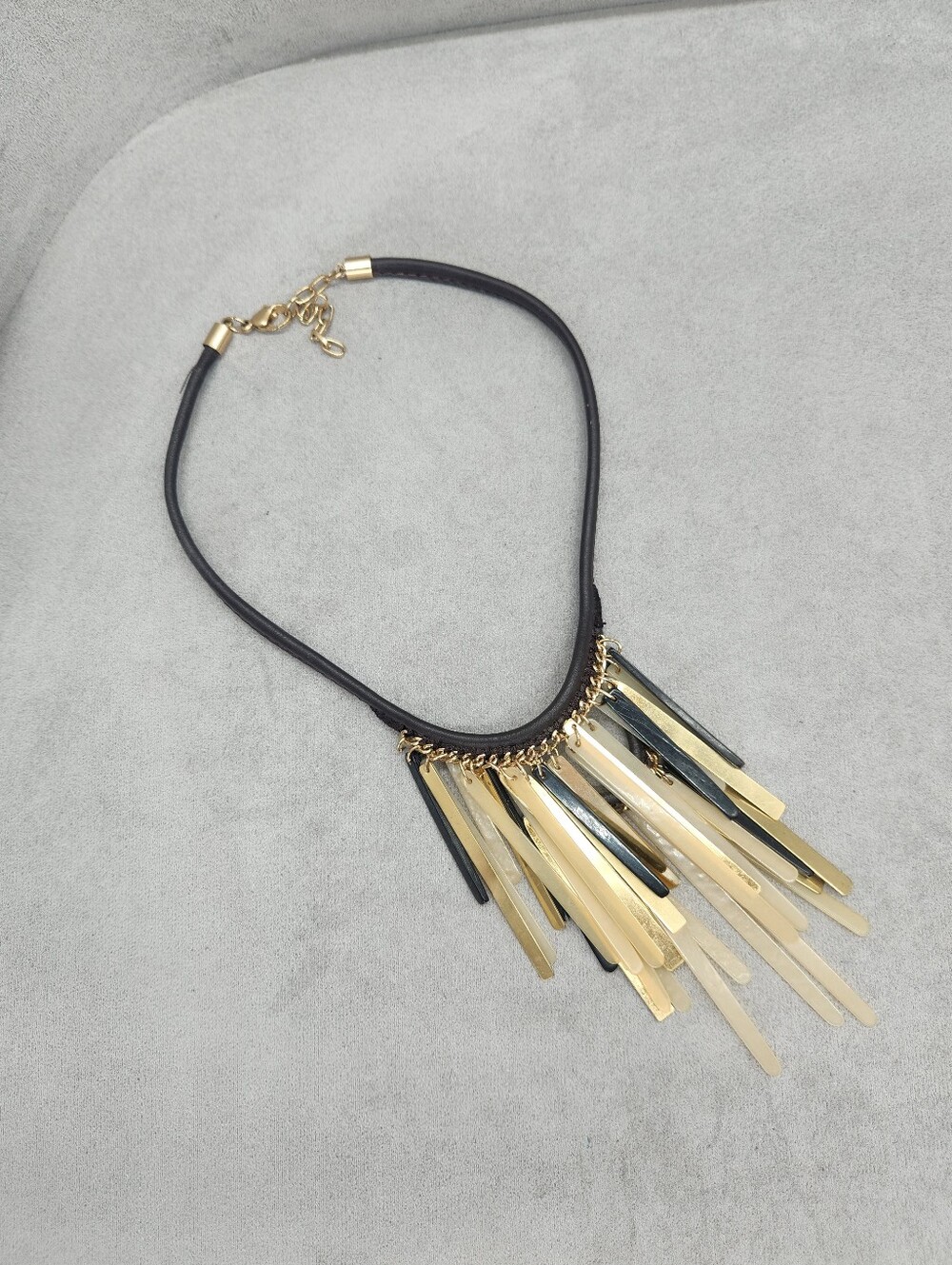 Statement Necklace 17" Brown Leather Golden Black Cream Metallic Boho Whimsigoth